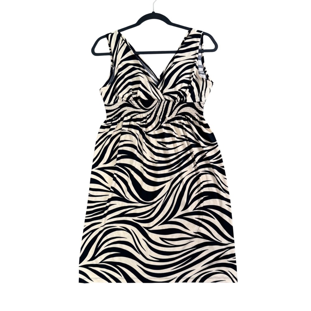 En Focus Studio Dress Womens 6 Black Cream Zebra Print Smocked Empire Waist
